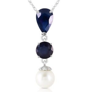 14K. SOLID GOLD NECKLACE WITH SAPPHIRES & PEARL (White Gold)